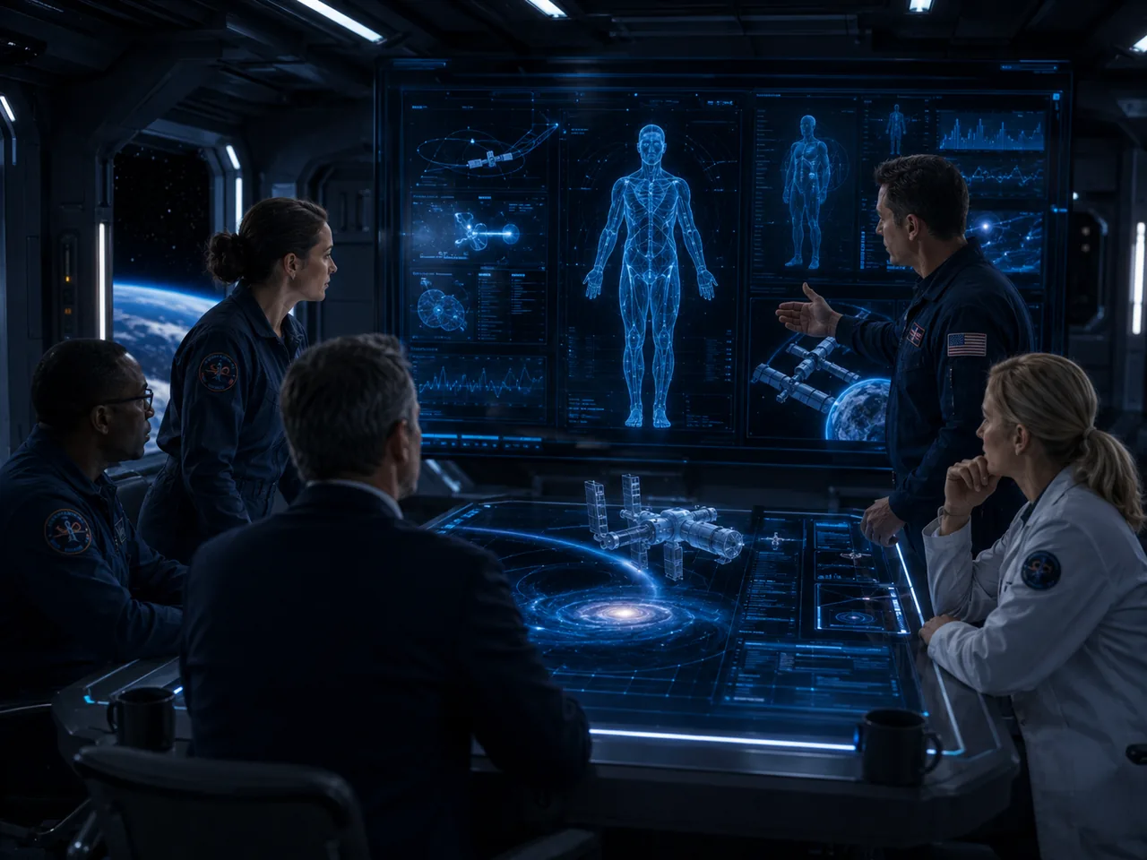 Concept illustration of a multidisciplinary team reviewing a space-medicine platform for partnership and technical evaluation