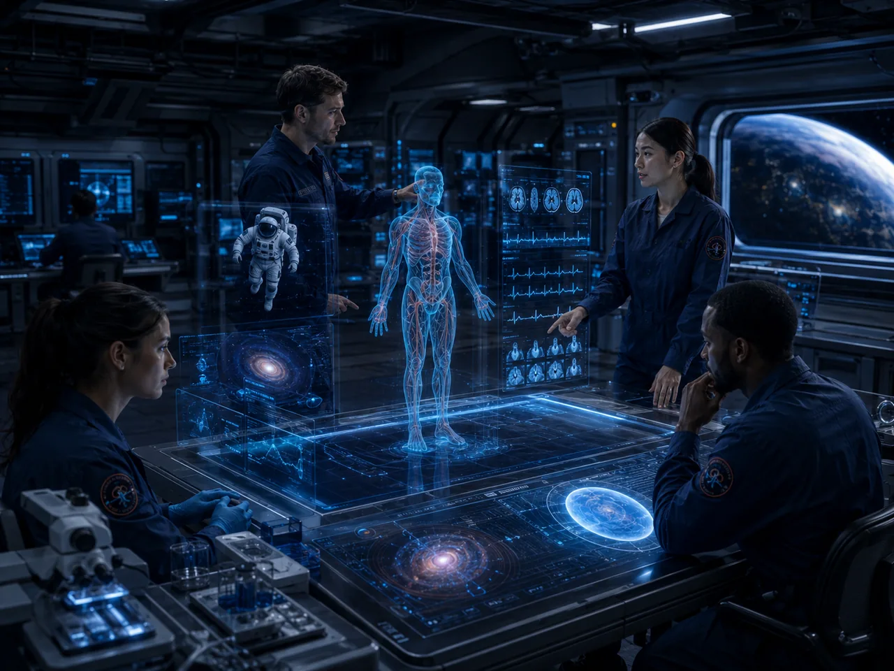 Concept illustration of a research team reviewing a simulated patient model and technical evidence in a spaceflight environment