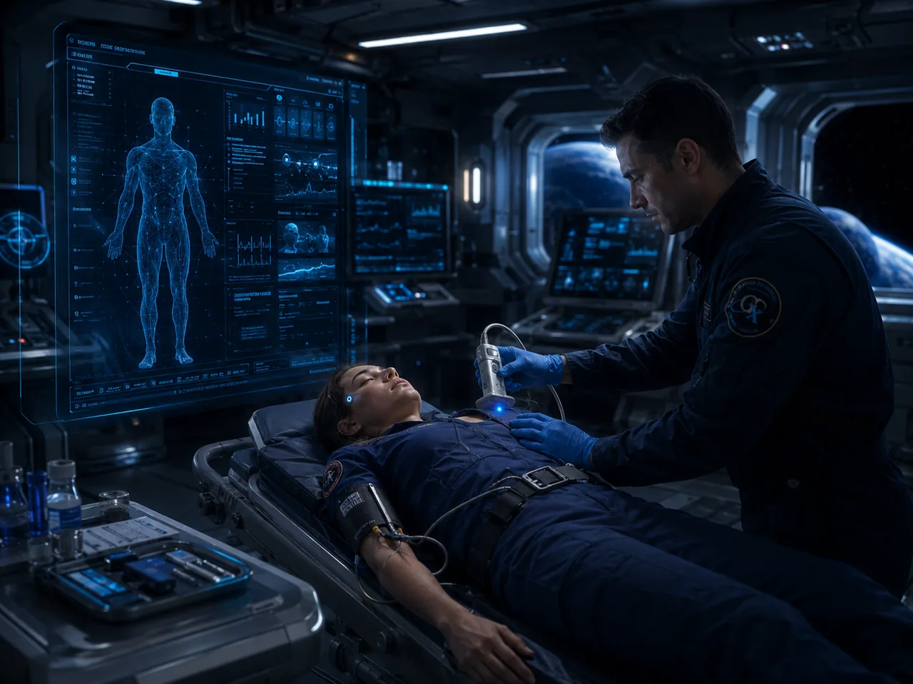 Concept illustration of hands-on space-medicine training and scenario practice
